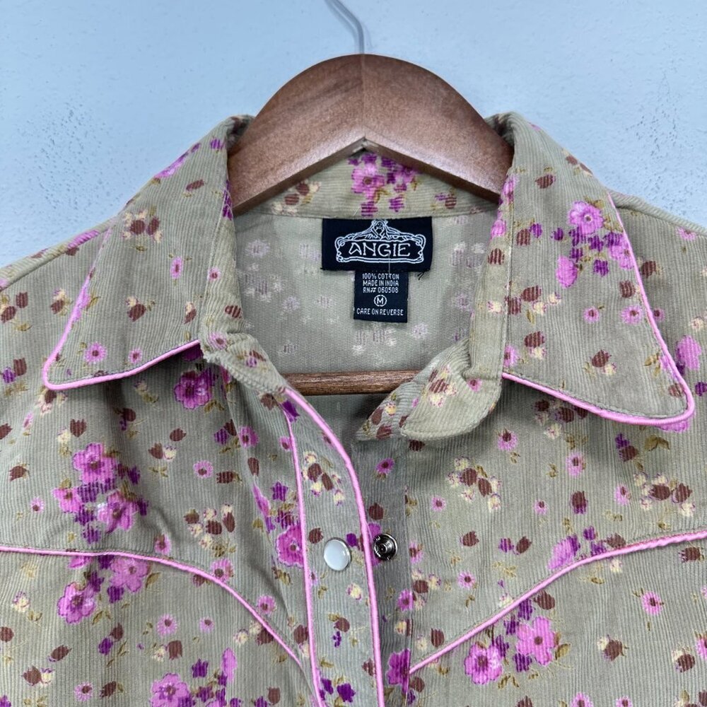 Angie Corduroy Pearl Snap Western Rodeo Retro Green Brown Floral Button Med - Picture 5 of 6
